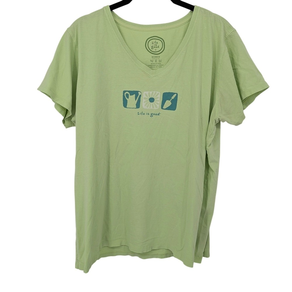 Life is Good T-Shirt Women XL Green Gardening Graphic V-Neck Short Sleeve Casual